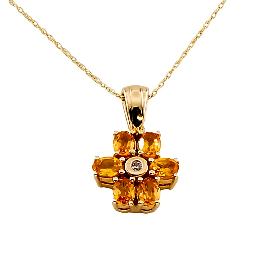 9ct gold Citrine / Diamond Cluster Pendant with chain